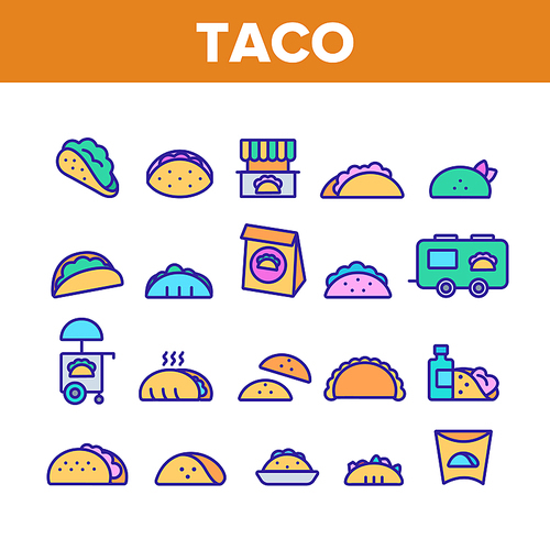 Taco Burrito Collection Elements Icons Set Vector Thin Line. Cafe On Wheel And Cart, Package And Cardboard Pack Mexican Lunch Food Concept Linear Pictograms. Color Contour Illustrations