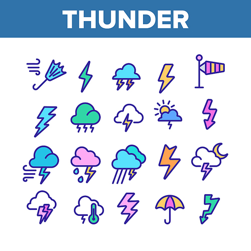 Thunder And Lightning Collection Icons Set Vector Thin Line. Thunder And Raining Clouds, Umbrella And Wind, Sun And Moon Concept Linear Pictograms. Color Contour Illustrations