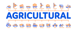 Agricultural Vehicles Minimal Infographic Web Banner Vector. Agricultural Transport, Harvesting Machinery Linear Pictograms. Harvesters, Tractors, Irrigation Machines, Combines Illustration