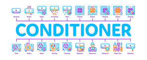 Conditioner Repair Minimal Infographic Web Banner Vector. Conditioner Repair, Fixing Equipment Linear Pictograms. Air Conditioning System Maintenance, Technical Support, Tools Kit Contour Illustration