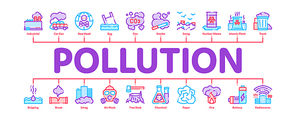 Pollution of Nature Minimal Infographic Web Banner Vector. Environmental Pollution, Chemical, Radiological Contamination Linear Pictograms. Gas, CO2 Emissions, Dirty Soil, Water, Air Illustrations