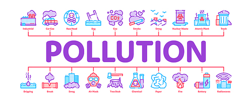 Pollution of Nature Minimal Infographic Web Banner Vector. Environmental Pollution, Chemical, Radiological Contamination Linear Pictograms. Gas, CO2 Emissions, Dirty Soil, Water, Air Illustrations