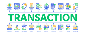 Online Transactions Minimal Infographic Web Banner Vector. Online Transactions, Secure Financial Payment Operation Linear Pictograms. Internet Banking Money Deposit, Currency Exchange Illustrations