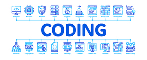 Coding System Minimal Infographic Web Banner Vector. Binary Coding System, Data Encryption Linear Pictograms. Web Development, Programming Languages, Bug Fixing, HTML, Script Illustrations