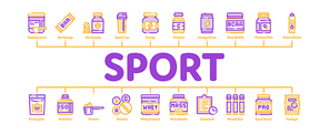 Sport Nutrition Cells Minimal Infographic Web Banner Vector. Sport Nutrition for Sportsmen Linear Pictograms. Dietary Nutrition, Protein Ingredients, Wheys, Bars for Bodybuilding Illustrations