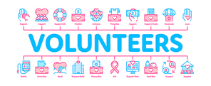 Volunteers Support Minimal Infographic Web Banner Vector. Volunteers Support, Charitable Organizations Linear Pictograms. Blood Donor, Food Donations, Financial Help, Humanitarian Aid Illustrations