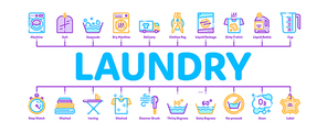 Laundry Service Minimal Infographic Web Banner Vector. Laundry Service, Washing Clothes Linear Pictograms. Laundromat, Dry-Cleaning, Launderette, Stain Removal, Ironing Contour Illustrations