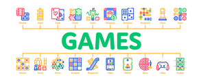 Interactive Kids Games Minimal Infographic Web Banner Vector. Domino, Chess And Video Games Controller Linear Pictograms. Cards, Billiard, Darts Contour Illustrations