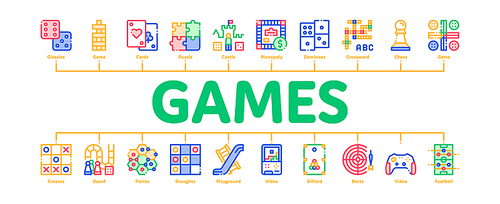 Interactive Kids Games Minimal Infographic Web Banner Vector. Domino, Chess And Video Games Controller Linear Pictograms. Cards, Billiard, Darts Contour Illustrations