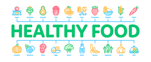 Healthy Food Minimal Infographic Web Banner Vector. Vegetable, Fruit And Meat Healthy Food Linear Pictograms. Strawberry And Orange, Blueberry And Pumpkin, Eggs And Fish Contour Illustrations