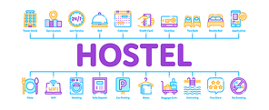 Hostel Minimal Infographic Web Banner Vector. Building Hostel And Location, Calendar And Parking Symbol, Bed And Laundry Machine Linear Pictograms. Wifi Internet Contour Illustrations