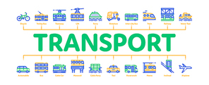 Public Transport Minimal Infographic Web Banner Vector. Trolleybus And Bus, Tramway And Train, Cable Way And Monorail Transport Linear Pictograms. Car And Taxi, Plane And Ship Illustrations