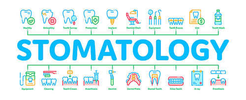 Stomatology Minimal Infographic Web Banner Vector. Stomatology Dentist Equipment And Chair, Healthy And Unhealthy Tooth Linear Pictograms. Jaw Denture, Injection Anesthesia Contour Illustrations