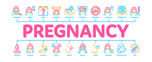 Symptomps Of Pregnancy Minimal Infographic Web Banner Vector. Fatigue And Nausea, Food Aversion And Frequent Urination, Constipation And Faintness Symptomps Of Pregnancy Pictograms. Illustration