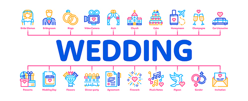 Wedding Minimal Infographic Web Banner Vector. Characters Bride And Groom, Rings And Limousine Wedding Elements Linear Pictograms. Church And Arch, Fireworks And Dancing Contour Illustrations
