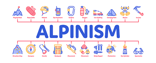 Alpinism Minimal Infographic Web Banner Vector. Compass And Glasses, Mountain Direction And Burner Mountaineering Alpinism Equipment Concept Linear Pictograms. Contour Illustrations