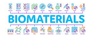 Biomaterials Minimal Infographic Web Banner Vector. Biology And Science Flasks, Bioengineering, Dna And Medicine Vaccine Biomaterials Concept Linear Pictograms. Contour Illustrations