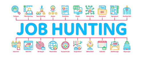 Job Hunting Minimal Infographic Web Banner Vector. Hunting Business People And Recruitment Candidate, Team Work And Partnership Concept Linear Pictograms. Contour Illustrations