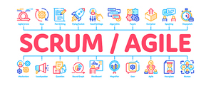 Scrum Agile Minimal Infographic Web Banner Vector. Agile Rocket And Document File, Gear And Package, Loud-speaker And Stop Watch Concept Linear Pictograms. Contour Illustrations