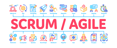 Scrum Agile Minimal Infographic Web Banner Vector. Agile Rocket And Document File, Gear And Package, Loud-speaker And Stop Watch Concept Linear Pictograms. Contour Illustrations