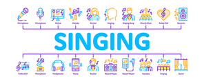 Singing Song Minimal Infographic Web Banner Vector. Singer And Musical Notes, Microphone And Headphones, Concert, Opera And Singing In Karaoke Concept Linear Pictograms. Contour Illustrations