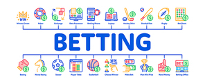 Betting And Gambling Minimal Infographic Web Banner Vector. Basketball And Baseball, Hockey And Boxing, Horse Racing And Card Game Betting Concept Linear Pictograms. Color Contour Illustrations