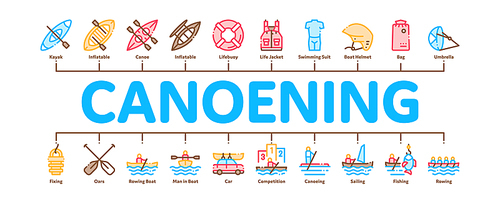 Canoeing Minimal Infographic Web Banner Vector. Canoe Transportation On Car And Canoening Protection Safety Life Equipment Concept Linear Pictograms. Color Contour Illustrations