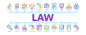 Law And Judgement Minimal Infographic Web Banner Vector. Courthouse And Judge, Gun And Magnifier, Fingerprint And Suitcase, Law Document Concept Linear Pictograms. Color Contour Illustrations