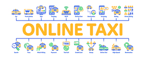 Online Taxi Minimal Infographic Web Banner Vector. Taxi Truck And Car, Mobile Application, Web Site And Human Silhouette Concept Linear Pictograms. Color Contour Illustrations