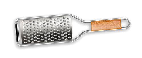 Grater Hand Metallic Kitchenware Appliance Vector. Domestic Stainless Appliance Grater With Wooden Handle. Vegetable And Cheese Slicer Kitchen Equipment Template Realistic 3d Illustration