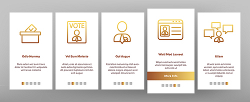 Elections Onboarding Mobile App Page Screen Vector Icons Set Thin Line. Candidate And President, Newspaper And Tablet, Building And Elections Graph Concept Linear Pictograms. Contour Illustrations
