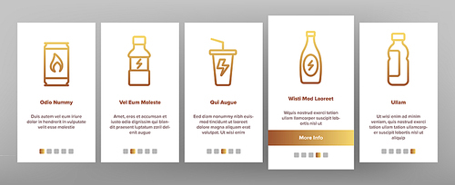 Energy Drink Onboarding Mobile App Page Screen Vector Icons Set Thin Line. Energy Beverage In Plastic And Metallic Bottle, Glass And Aluminum Container Linear Pictograms. Color Contour Illustrations