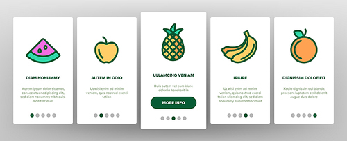 Nature Fruit Onboarding Mobile App Page Screen Elements Vector Icons Set Thin Line. Pineapple And Apple, Strawberry And Grape, Cherry And Lemon Delicious Fruit Linear Pictograms. Contour Illustrations