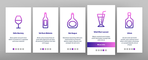 Alcohol Elements Onboarding Mobile App Page Screen Vector Icons Set Thin Line. Alcohol Beverage In Glass And Bottle Concept Linear Pictograms. Beer And Champagne, Wine And Whiskey Illustrations