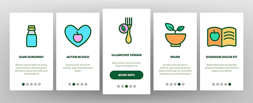 Healthy Food Nutrition Onboarding Mobile App Page Screen Vector Thin Line. Honey, Broccoli And Apple Ingredients Health Breakfast Food Concept Linear Pictograms. Contour Illustrations