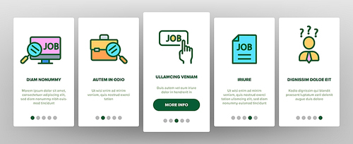 Job Hunting Onboarding Mobile App Page Screen Vector Thin Line. Magnifier With Suitcase And Computer, Web Site And Businessman Job Hunting Concept Linear Pictograms. Illustrations