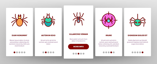 Spider Silhouette Onboarding Mobile App Page Screen Vector Thin Line. Danger Poison Arachnid Spider Concept Linear Pictograms. Creepy And Spooky Animal Insect Wildlife Contour Illustrations