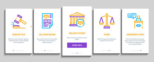 Law And Judgement Onboarding Mobile App Page Screen Vector Thin Line. Courthouse And Judge, Gun And Magnifier, Fingerprint And Suitcase, Law Document Concept Linear Pictograms. Illustrations