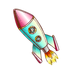 Space Exploring Launch Rocket Color Vector. Flying Astronautic Transport Rocket For Explore Cosmos. Spaceship Galaxy Science Technology Designed In Retro Style Illustration