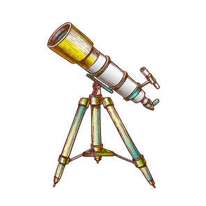 Astronomer Equipment Telescope Color Vector. Standing Telescope For Explore And Observe Galaxy And Cosmos. Discovery Optical Device Designed In Retro Style Illustration