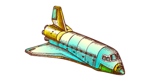 Space Exploring Ship Shuttle Color Vector. Astronautic Aeroballistic Transport Shuttle For Explore Cosmos. Booster Rocket Spaceship Hand Drawn In Vintage Style Illustration