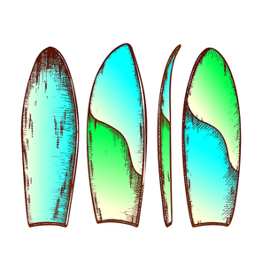 Surfboard In Different View Color Set Vector. Surfboard For Extreme Sport On Ocean Waves. Surf Board Engraving Concept Template Designed In Vintage Style Illustrations