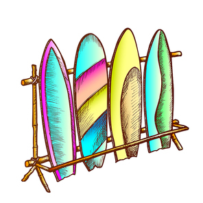 Surfboards In Different Design On Rack Color Vector. Assortment Surfboards Standing Locked In Storage. Longboards Engraving Concept Template Designed In Vintage Style Illustration