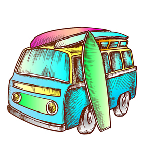 Surf Boards And Retro Surf Van Color Vector. Surfboards Standing Near Minivan Car. Longboards Engraving Concept Template Hand Drawn In Vintage Style Illustration