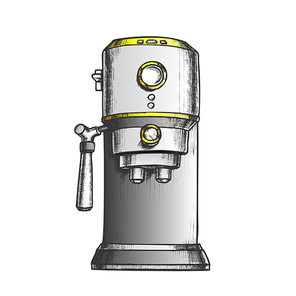 Espresso Machine Front View Color Vector. Stylish Electronic Coffee Machine. Domestic Technology For Make Hot Drink Engraving Template Designed In Vintage Style Illustration