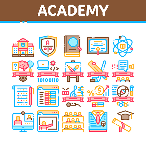 Academy Educational Collection Icons Set Vector Thin Line. Academy Building And Uniform, Book And Paper With Pen, Financial And Music Lessons Linear Pictograms. Color Contour Illustrations