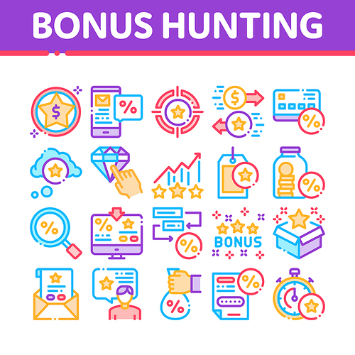 Bonus Hunting Collection Elements Icons Set Vector Thin Line. Magnifier And Bag With Percent Mark, Star, Diamond And Bonus Coins In Bottle Concept Linear Pictograms. Color Contour Illustrations
