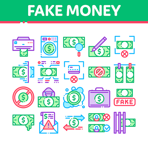 Fake Money Collection Elements Icons Set Vector Thin Line. Bandit Silhouette And Pencil, Printing And Laundering Money Dollar Concept Linear Pictograms. Color Contour Illustrations