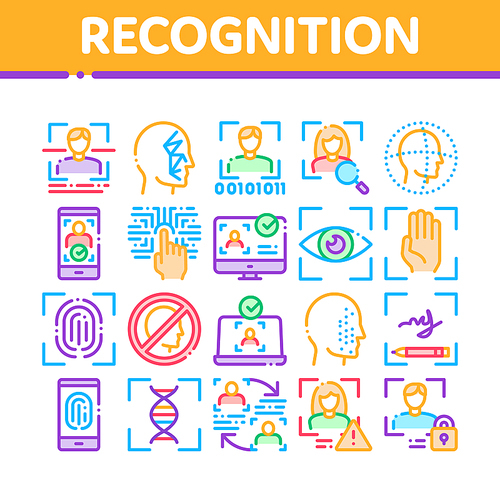 Recognition Collection Elements Icons Set Vector Thin Line. Eye Scanning, Biometric Recognition, Face Id Systems, Human Silhouette Concept Linear Pictograms. Color Contour Illustrations