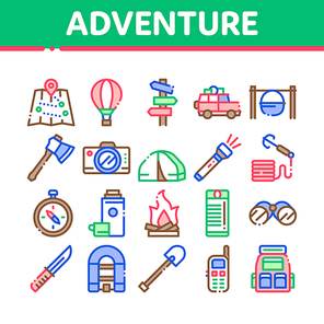 Adventure Collection Elements Icons Set Vector Thin Line. Binocular And Camera, Map And Boat, Ax And Knife, Camping Fire And Car Adventure Concept Linear Pictograms. Color Contour Illustrations